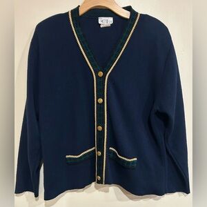 VTG 90s Cricket Lane Gold Trim Plaid Button Cardigan XL Old Money Classy
